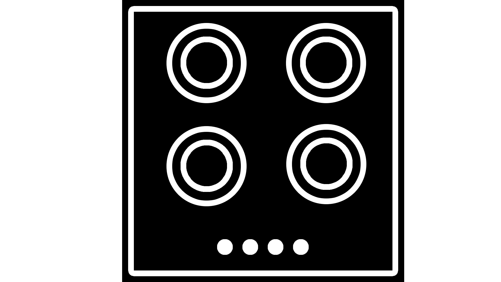 cooktop icon, black background, 4 white burners and knobs